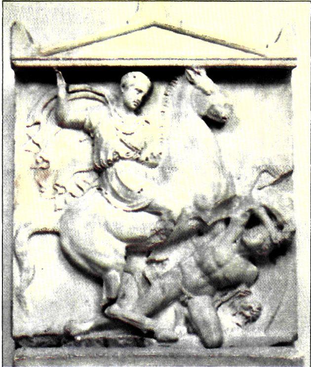 Επιτύμβιο μνημείο τον Δεξίλεω από τον Κεραμεικό. Ο νεαρός Αθηναίος, που έφιππος αντιμετωπίζει τον εχθρό, σκοτώθηκε σε μια από τις συγκρούσεις του Κορινθιακού πολέμου (394 π.Χ.).(Αθήνα, Μουσείο Κεραμεικού)