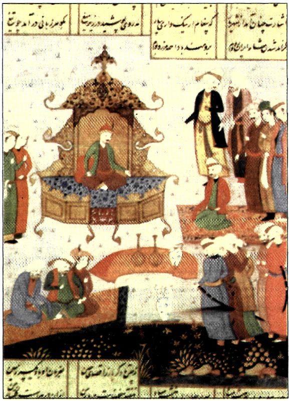 Εικονογράφηση επικού ποιήματος τον Πέρση ποιητή Νιζαμί (17ος αι.). Στη μικρογραφία εικονίζεται στο θρόνο ο Αλέξανδρος. Ο θρύλος τον υιοθετήθηκε από πολλούς λαούς. (Παρίσι, Εθνική Βιβλιοθήκη).