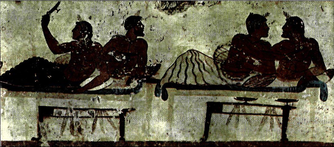 Τοιχογραφία από τάφο της Ποσειδωνίας. Σκηνή συμποσίου. Αντιπροσωπευτικό έργο της ελληνικής ζωγραφικής των κλασικών χρόνων. (Μουσείο Paestum)