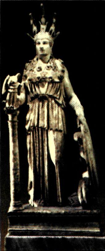 Αθηνά του Βαρβακείου. Αντίγραφο των ρωμαϊκών χρόνων του χρυσελεφάντινου αγάλματος της θεάς, έργου του Φειδία. (Αθήνα, Εθνικό Αρχαιολογικό Μουσείο) 