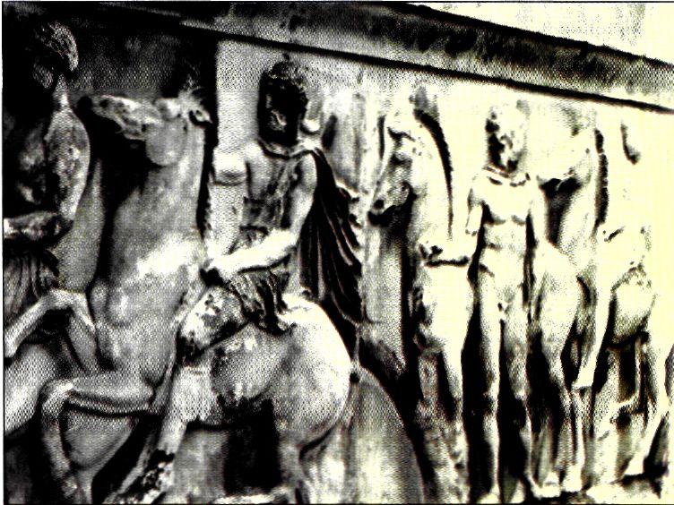 «Τμήμα της παράστασης της πομπής των Παναθηναίων από τη ζωφόρο* τον Παρθενώνα. Η ζωφόρος είχε μήκος 160 μ. και περιελάμβανε360 ανθρώπινες μορφές και μεγάλο αριθμό μορφών ζώων (447-432 π.Χ.).