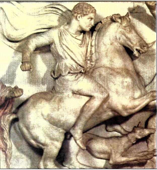 Τμήμα από την ανάγλυφη διακόσμηση της λεγόμενης σαρκοφάγου του Μ. Αλεξάνδρου (τέλη του 4ου αι. π.Χ.). Εικονίζεται έφιππος νέος που έχει ταυτιστεί με το Δημήτριο Πολιορκητή, γιο του Αντίγονου. Ήταν ο σημαντικότερος από τους Επιγόνους - έτσι ονομάστηκαν οι γιοι των διαδόχων τον Μ. Αλεξάνδρου -, με ευστροφία πνευματική και στρατιωτικές ικανότητες. Κατόρθωσε να ανέβει στο θρόνο της Μακεδονίας (294-287 π.Χ.). (Κωνσταντινούπολη, Αρχαιολογικό Μουσείο)