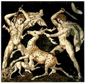 Ψηφιδωτό από οικία της Πέλλας, των αρχών τον 3ον αι. π.Χ. Εξαίρετο έργο καλλιτέχνη που άφησε το όνομα τον ανεξίτηλο πάνω στο ίδιο τον το έργο «Γνώσις εποίησεν». Εικονίζει σκηνή κυνηγιού. Η Πέλλα ήταν η νέα πρωτεύουσα τον Μακεδονικού κράτους, την οποία ίδρυσε ο βασιλιάς Αρχέλαος (413-399 π.Χ.), εγκαταλείποντας τις Αιγές για να μεταφέρει το κέντρο του κράτους πλησιέστερα στη θάλασσα σήμερα η Πέλλα βρίσκεται στην ενδοχώρα λόγω των προσχώσεων. Η νέα πρωτεύουσα οικοδομήθηκε σύμφωνα με το ιπποδάμειο σύστημα και κοσμήθηκε με λαμπρά δημόσια κτήρια και ιδιωτικές κατοικίες σαν κι αυτή που διακοσμείται από το ψηφιδωτό του Γνώσιος.