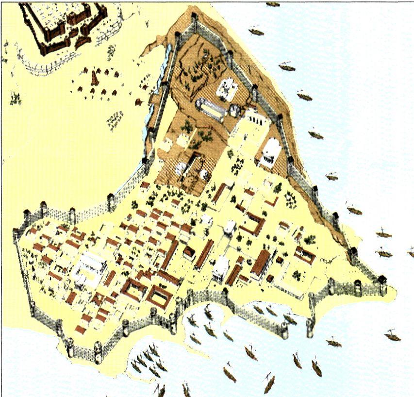 Αναπαράσταση της πόλης της Ρόδου στα τέλη του 4ου αι. π.Χ. Περιβαλλόταν από ισχυρά τείχη και διέθετε λιμάνια που διευκόλυναν την εμπορική της ανάπτυξη. Στους ελληνιστικούς χρόνους η Ρόδος ήταν ένα μεγάλο εμπορικό κέντρο της Μεσογείου.