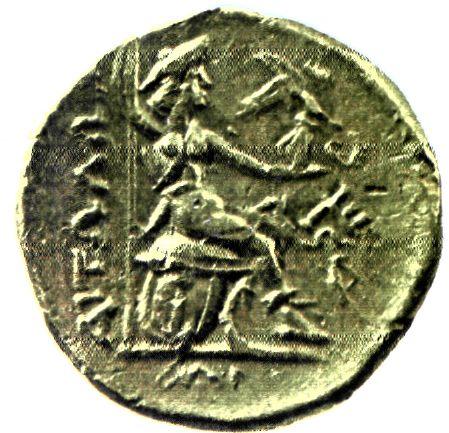 Στατήρας* τον Κοινού των Αιτωλών. Κόπηκε μετά την απόκρουση των Γαλατών. Εικονίζει γυναίκα καθιστή, την Αιτωλία, που πατάει σε γαλατικές ασπίδες. (Αθήνα, Νομισματικό Μουσείο)