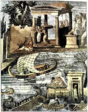 Τμήμα ψηφιδωτού από την Παλεστρίνα στην Ιταλία. Σκηνή από την καθημερινή ζωή στην Αίγυπτο. Στα νερά του Νείλου πλέουν ένα πολεμικό πλοίο και ένα εμπορικό ιστιοφόρο. Έλληνες άποικοι συμμετέχουν σε μια θρησκευτική τελετή, ενώ αυτόχθονες χωρικοί ασχολούνται με τις καθημερινές τους εργασίες (1ος αι. π.Χ.). (Παλεστρίνα, Μουσείο Πραινέστου