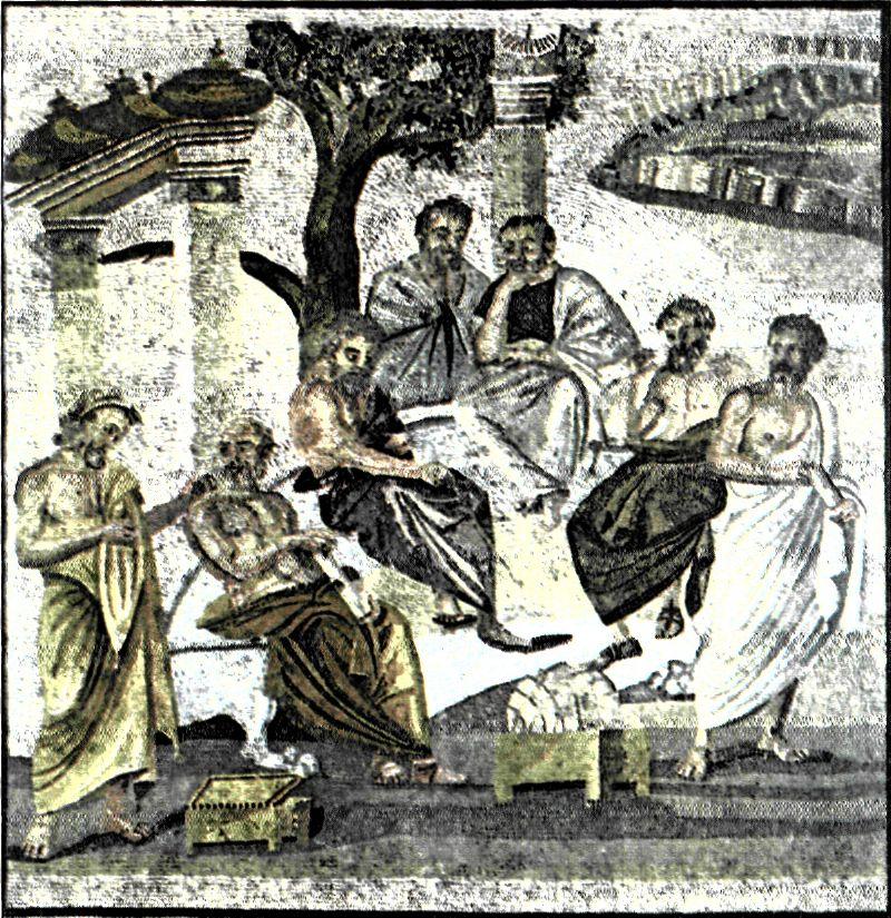 Ψηφιδωτό δάπεδο από την Πομπηία (1ος αι. μ.Χ.). Παρουσιάζει την Πλατωνική Ακαδημία. Οι παλαιές φιλοσοφικές σχολές της Αθήνας, όπως η Ακαδημία και το Αύχειο του Αριστοτέλη, συνέχισαν να λειτουργούν και κατά τους ελληνιστικούς χρόνους. (Νεάπολη, Εθνικό Μουσείο)