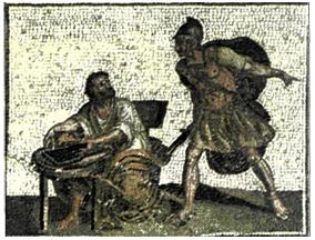 Αντίγραφο ρωμαϊκού ψηφιδωτού του 3ου αι. μ.Χ. Παρουσιάζει τον Αρχιμήδη πάνω από τις μελέτες του και τον Ρωμαίο στρατιώτη που είναι έτοιμος να τον σκοτώσει. Είναι γνωστό ότι πριν δεχτεί το χτύπημα πρόλαβε να πει τη φράση: «μή μου τούς κύκλους τάραττε». (Φραγκφούρτη, Δημοτικό Ινστιτούτο Τέχνης)