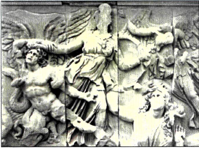 Λεπτομέρεια από τη ζωφόρο* του βωμού του Διός στην Πέργαμο (περ. 160 π.Χ.). Παρουσιάζει τη θεά Αθηνά ενώ αγωνίζεται εναντίον ενός Γίγαντα. Στο κάτω μέρος δεξιά η Γη, μητέρα των Γιγάντων, ικετεύει την Αθηνά για τη σωτηρία του γιου της. (Αρχαιολ. Μουσείο Βερολίνου) 