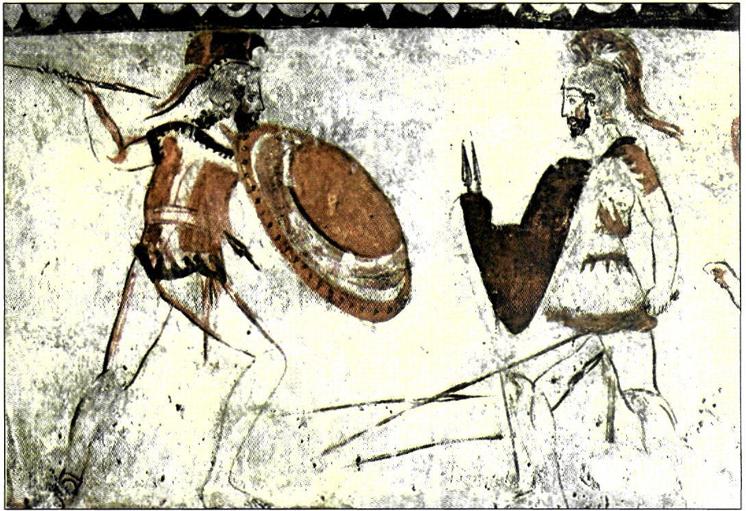 Τοιχογραφία από τάφο της περιοχής της Λευκανίας με παράσταση πολεμιστών (τέλη 5ου αι. π.Χ.). Το έργο αυτό αποδεικνύει την αποδοχή του ελληνικού πολιτισμού από τους Ιταλιώτες. (Αρχαιολογικό Μουσείο Paestum)