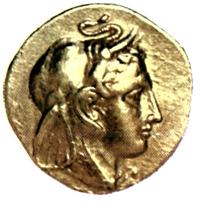 Στατήρας* του Αγαθοκλέους. Κόπηκε πιθανότατα στη διάρκεια της εκστρατείας τον στην Αφρική εναντίον των Καρχηδονίων. Απεικονίζει τον ίδιο να φέρει ως στέμμα κεφάλι ελέφαντα.  (Βιέννη, Μουσείο Ιστορίας της Τέχνης)