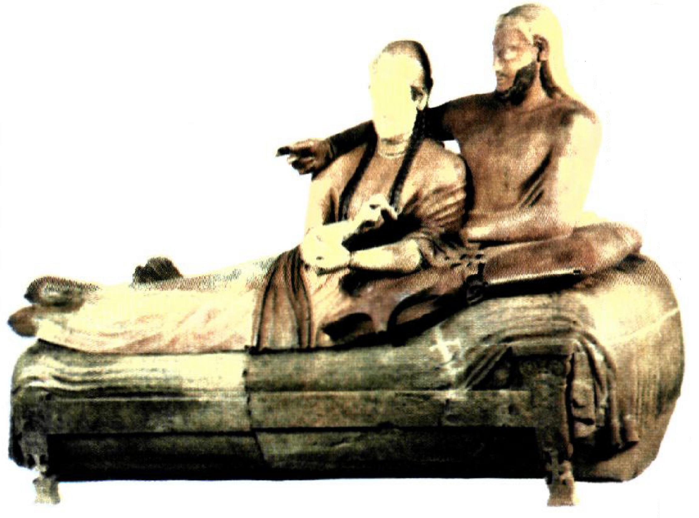 Πήλινη ετρουσκική σαρκοφάγος {τέλη 6ου αι. π.Χ.). Παρουσιάζει ζευγάρι συζύγων, ξαπλωμένο σε ανάκλιντρο. (Παρίσι, Μουσείο Λούβρου)