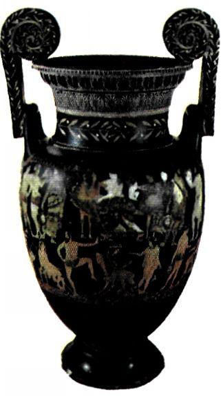 Κρατήρας με εικονογράφηση από θεατρική παράσταση (τέλη του 5ου αι. π.Χ.). Προέρχεται από την Κάτω Ιταλία. Σε ορισμένες αποικίες λειτούργησαν τοπικά εργαστήρια που μιμήθηκαν την αγγειογραφία της Αττικής. Φιλοτέχνησαν μεγάλα αγγεία που εικονίζουν σκηνές από θεατρικές παραστάσεις ή ταφικά έθιμα. (Νεάπολη, Εθνικό Αρχαιολογικό Μουσείο)