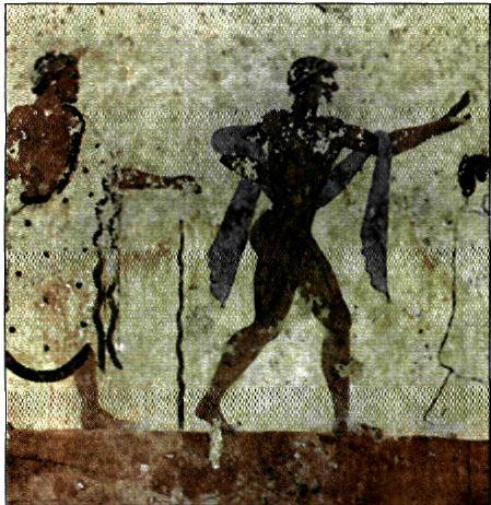 Λεπτομέρεια τοιχογραφίας από τάφο της Ποσειδωνίας. Παρουσιάζει πομπή. Είναι χαρακτηριστικό δείγμα της μεγάλης ελληνικής ζωγραφικής τον 5ου αι. π. Χ. (Ποσειδώνια, Μουσείο Paestum)