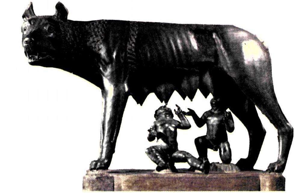 Χάλκινο σύμπλεγμα της λύκαινας που θηλάζει το Ρωμύλο και το Ρέμο. Τον 4ο αι. π.Χ. πήραν την οριστική τους μορφή οι μύθοι που αναφέρονταν στην ίδρυση της Ρώμης.(Ρώμη. Μουσείο Καπιτωλίου)