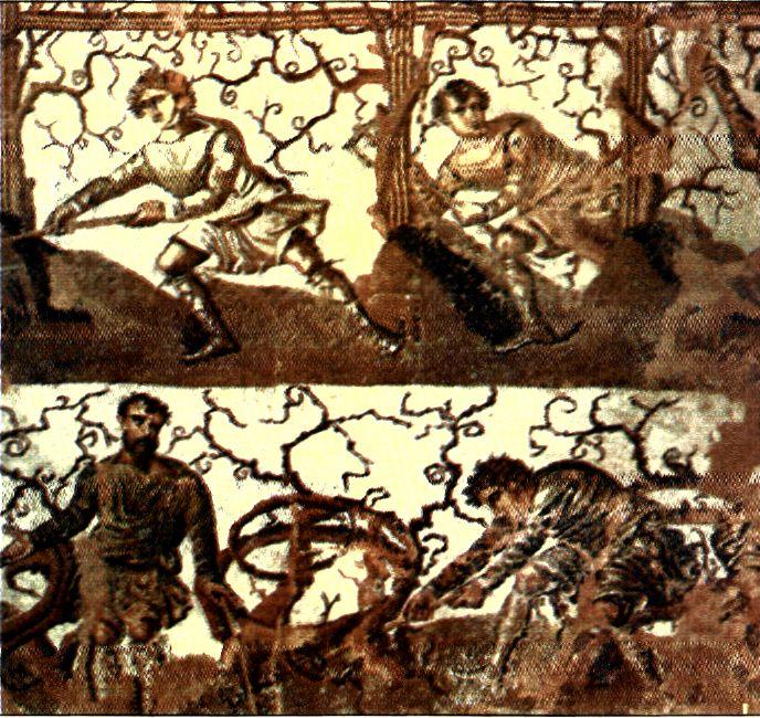 Ψηφιδωτή παράσταση από την Καισάρεια της Αφρικής. Εικονίζονται γεωργοί που περιποιούνται κλήματα (περ. μέσα 3ου αι. μ.Χ.). Την περίοδο των ρωμαϊκών κατακτήσεων διαδόθηκε η καλλιέργεια του αμπελιού σε πολλούς λαούς γύρω από τη Μεσόγειο. Οι ρωμαϊκές κατακτήσεις είχαν και θετικά αποτελέσματα για τους κατακτημένους λαούς.  (Cherchell, Αρχαιολογικό Μουσείο) 
