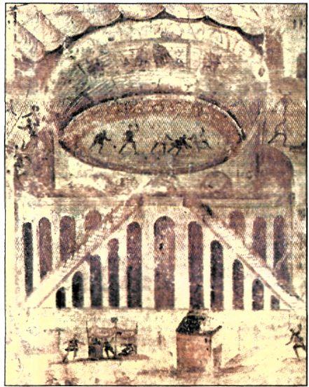 Λεπτομέρεια από τοιχογραφία της Πομπηίας (1ος αι. μ.Χ.). Παράσταση μονομαχιών σε ρωμαϊκό αμφιθέατρο. Οι μονομαχίες ήταν ένα από τα πιο δημοφιλή θεάματα των Ρωμαίων. (Νεάπολη, Εθν. Αρχαίολ. Μουσείο)