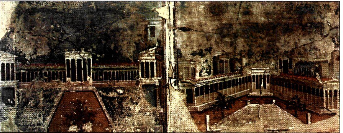 Τμήματα τοιχογραφίας από την Πομπηία (1ος αι. μ.Χ.). Εικονίζει επαύλεις. Οι πλούσιοι, κυρίως οι ιδιοκτήτες μεγάλων εκτάσεων γης, κατοικούσαν σε ανάλογες επαύλεις. (Νεάπολη, Εθνικό Μουσείο)