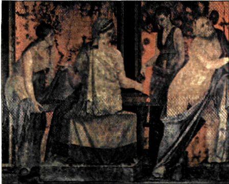 Λεπτομέρεια από τοιχογραφία της Πομπηίας (περ. μέσα 1ου αι. π.Χ.). Σκηνή μύησης στα Διονυσιακά Μυστήρια από την «οικία των Μυστηρίων». Η σκηνή αυτή απηχεί τον τρόπο ζωής και διασκέδασης των πλούσιων Ρωμαίων.