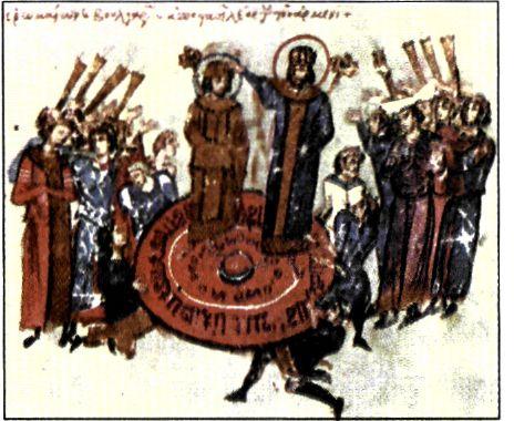 Μικρογραφία χειρογράφου από το Χρονικό του Ιω. Σκυλίτζη (13ος-14ος αι.), που εικονίζει τη στέψη του αυτοκράτορα από τον πατριάρχη. Πρόκειται για την τελετή της αναγορεύσεως που καθιερώθηκε από τα μέσα του 5ου αι. (Μαδρίτη, Εθνική Βιβλιοθήκη