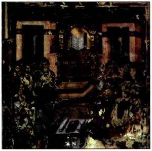 Μικρογραφία χειρογράφου τον 9ου αι. Με λόγους του Γρηγόριου Ναζιανζηνού. Εικονίζονται επίσκοποι και ιερείς στη Β' οικουμενική σύνοδο της Κωνσταντινούπολης. Οι αποφάσεις της συμπλήρωσαν το «Σύμβολο της Πίστεως». Στο θρόνο το ανοικτό Ευαγγέλιο συμβολίζει την παρουσία τον Χριστού. (Παρίσι, Εθνική Βιβλιοθήκη)