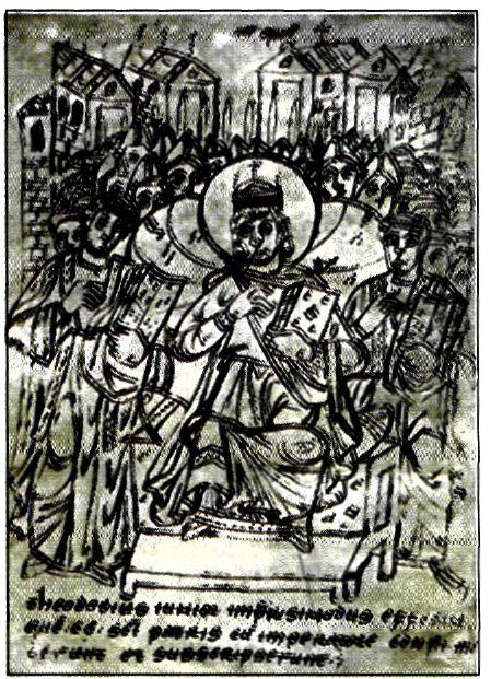 Μικρογραφία χειρογράφου των αρχών του 9ου αι. Εικονίζει το Θεοδόσιο Β' ανάμεσα σε επισκόπους και ιερείς της Γ' Οικουμενικής συνόδου. (Vercelli, Βιβλιοθήκη Αρχιεπισκοπής) 