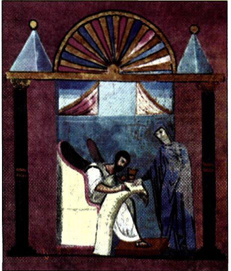 Μικρογραφία του παλαιότερου εικονογραφημένου Ευαγγελίου (6ος αι.). Στην εικόνα ο Ευαγγελιστής Μάρκος ενώ γράφει πάνω σ' ένα ειλητάριο*. Δίπλα του μια προσωποποίηση του υπαγορεύει το κείμενο και τον εμπνέει. (Καλαβρία, Αρχιεπισκοπή Rossano)