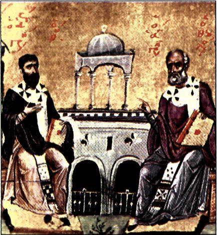 Μικρογραφία χειρογράφου (11ος αι.). Εικονίζονται δύο από τους μεγάλους Πατέρες της Εκκλησίας, εξαίρετοι φιλόσοφοι της εποχής τους, ο Γρηγόριος Νύσσης και ο Γρηγόριος Ναζιανζηνός.  (Άγιο Όρος, Μονή Διονυσίου)