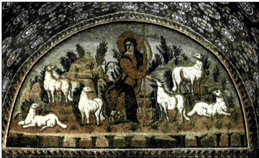 Ψηφιδωτό από το μαυσωλείο* της Γάλλας Πλακίδιας στη Ραβέννα (περ. 425). Παράσταση του Χριστού, ως Καλού Ποιμένος, ανάμεσα σε πρόβατα. Η Ραβέννα, με τα αρχιτεκτονικά της μνημεία και την εσωτερική τους διακόσμηση  από εξαίρετης τέχνης ψηφιδωτά, αποτελεί ένα μεγάλο καλλιτεχνικό κέντρο της παλαιοχριστιανικής περιόδου.