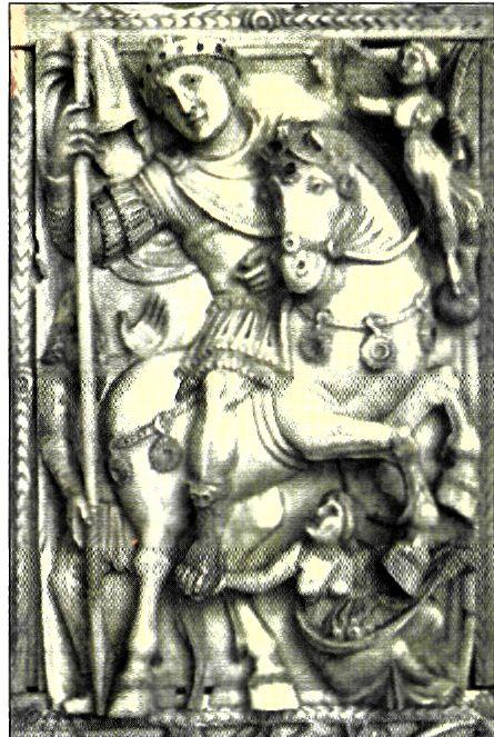 Ελεφαντοστέινο πλακίδιο από το δίπτυχο* Barberiiu. Παρουσιάζει έφιππο τον αυτοκράτορα, πιθανότατα τον Ιουστινιανό, ως θριαμβευτή. (Παρίσι, Μουσείο Λούβρου)