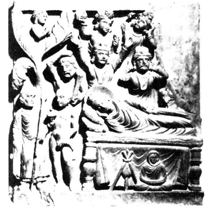 Ανάγλυφο της Γκαντάρα (τέλη 2ον αι. μ.Χ.-αρχές 3ου αι. μ.Χ.). Εικονίζεται η σκηνή του θανάτου του Βούδα. (Ουάσιγκτον, Πινακοθήκη Freer, Smithsonian Institution)  