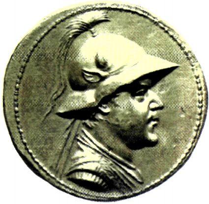 Χρυσό νόμισμα με το κεφάλι του Ευκρατίδη, βασιλιά του ελληνικού βασιλείου της Βακτρίας. Είναι ο πρώτος Έλληνας ηγεμόνας που έφερε τον τίτλο «Μέγας», χαραγμένο πάνω σε νόμισμα (α΄ μισό 2ου αι. π.Χ.).  (Παρίσι, Εθνική Βιβλιοθήκη) 