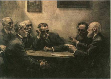 Γεώργιος Ροϊλός (1867-1928), Οι ποιηταί (Γ. Στρατήγης, Γ. Δροσίνης, I. Πολέμης, Κ. Παλαμάς, Γ. Σουρής, Αρ. Προβελέγγιος) Πινακοθήκη Φιλολογικού Συλλόγου «Παρνασσός»